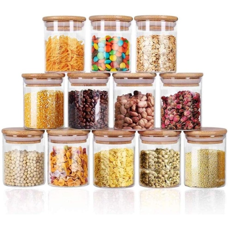 Food Storage Set Glass - 12'li Cam Kavanoz Seti, Bambu Hava